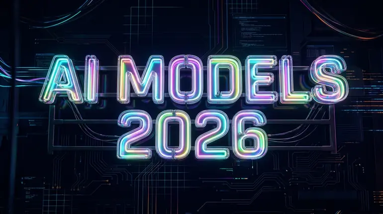AI Models in 2026: neon sign lettering on a circuit board background